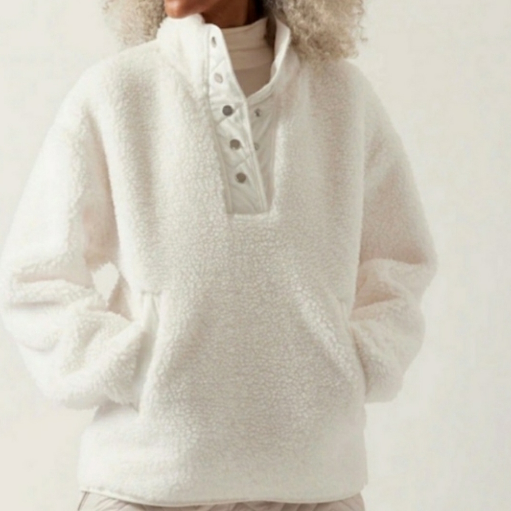 Athleta Cozy Sherpa Snap Sweatshirt, Size Large, Color White.